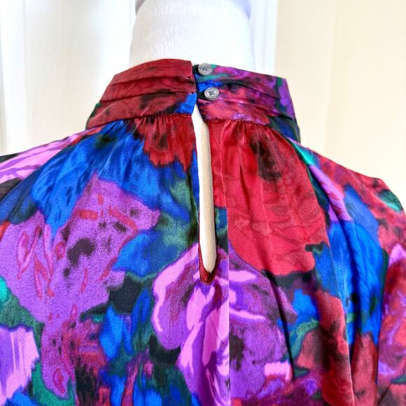 Talbots Twist Neck Satin Charmeuse Top Wrapped Jewel Tone Floral Large Petite - Picture 5 of 9